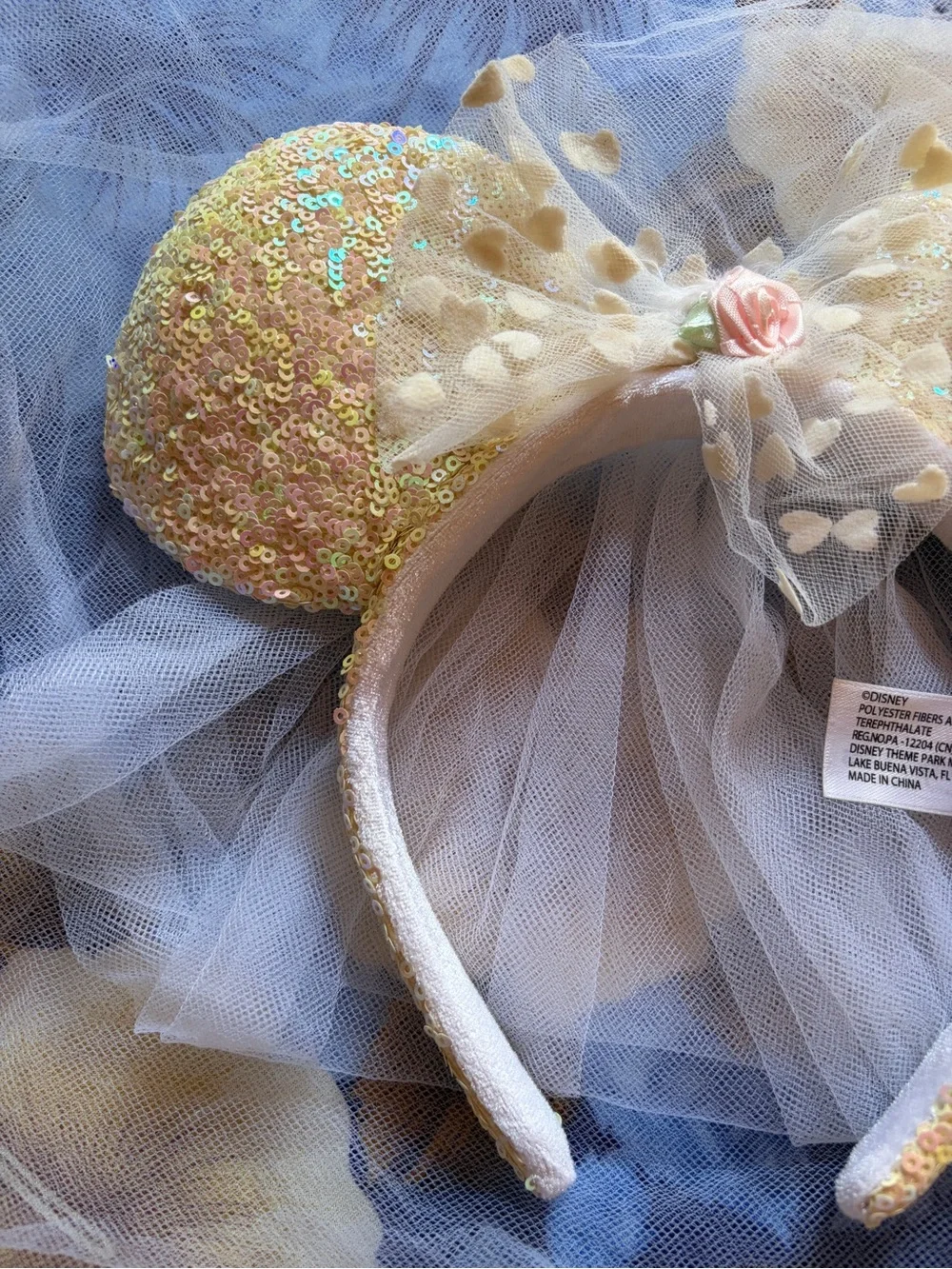 Disney Sequin Minnie Ear Headband with Veil - Pearl Pink and Gold